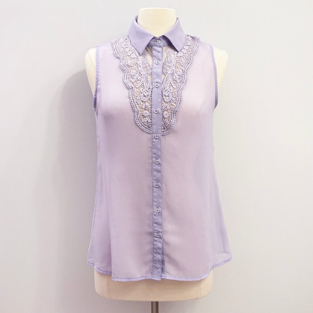 Purple lace sheer sleeveless button down shirt size Medium